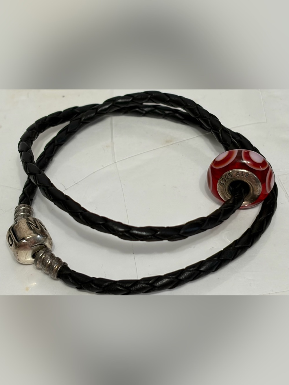 Pandora Black Braided Leather Bracelet with Red Charm